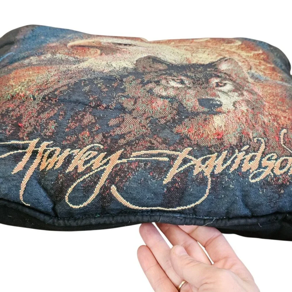 VTG‎ Y2K Harley Davidson Throw Pillows Needlepoint Wolf Bald Eagle 16